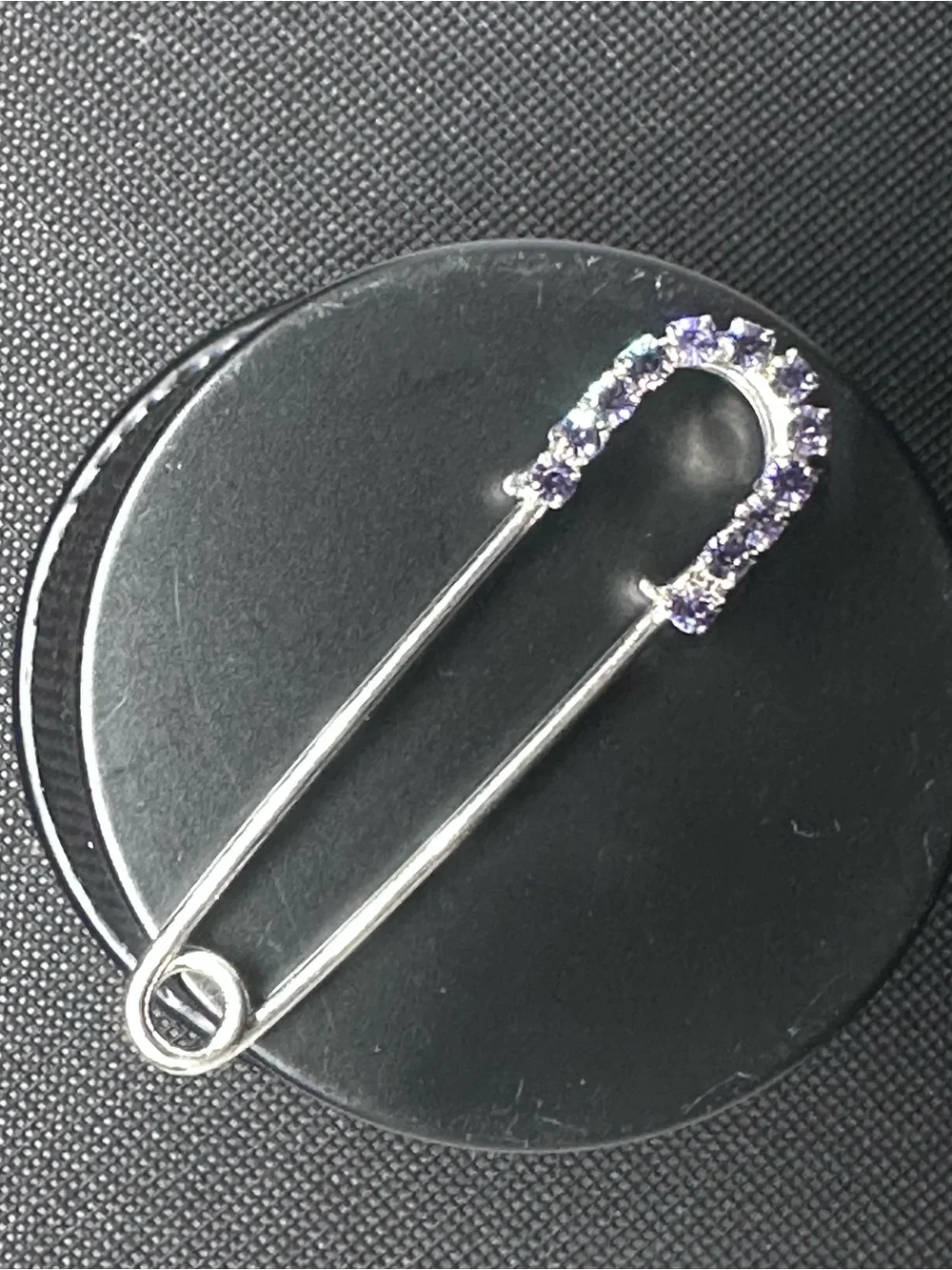 Silver Safety Pin Brooch with Purple Crystals